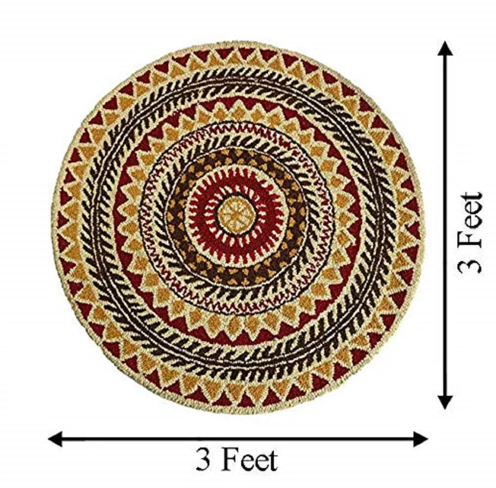 Traditional Round Designer Red & Yellow Hand Tufted Woolen Area Carpet
