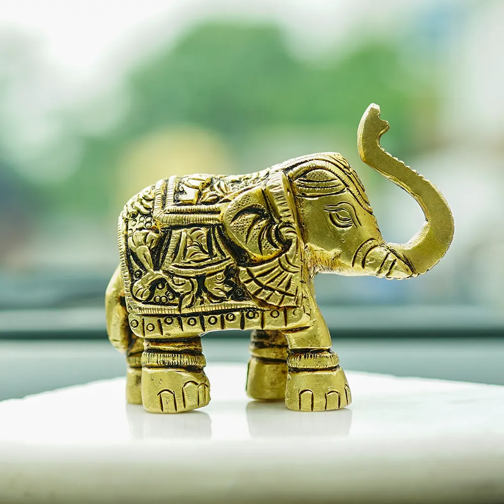 Traditional Rustic Vintage Brass Indian Golden Elephant Pair