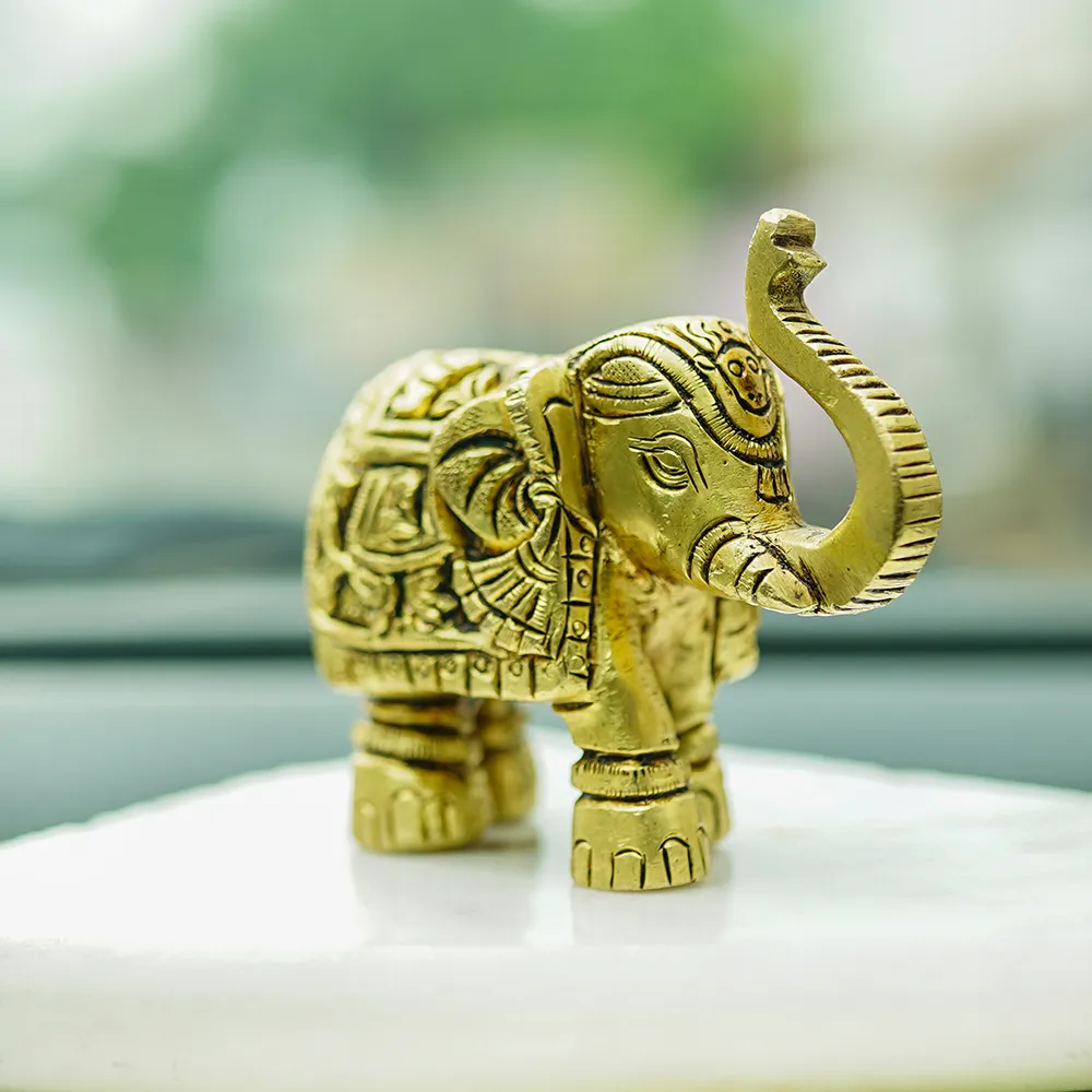 Traditional Rustic Vintage Brass Indian Golden Elephant Pair