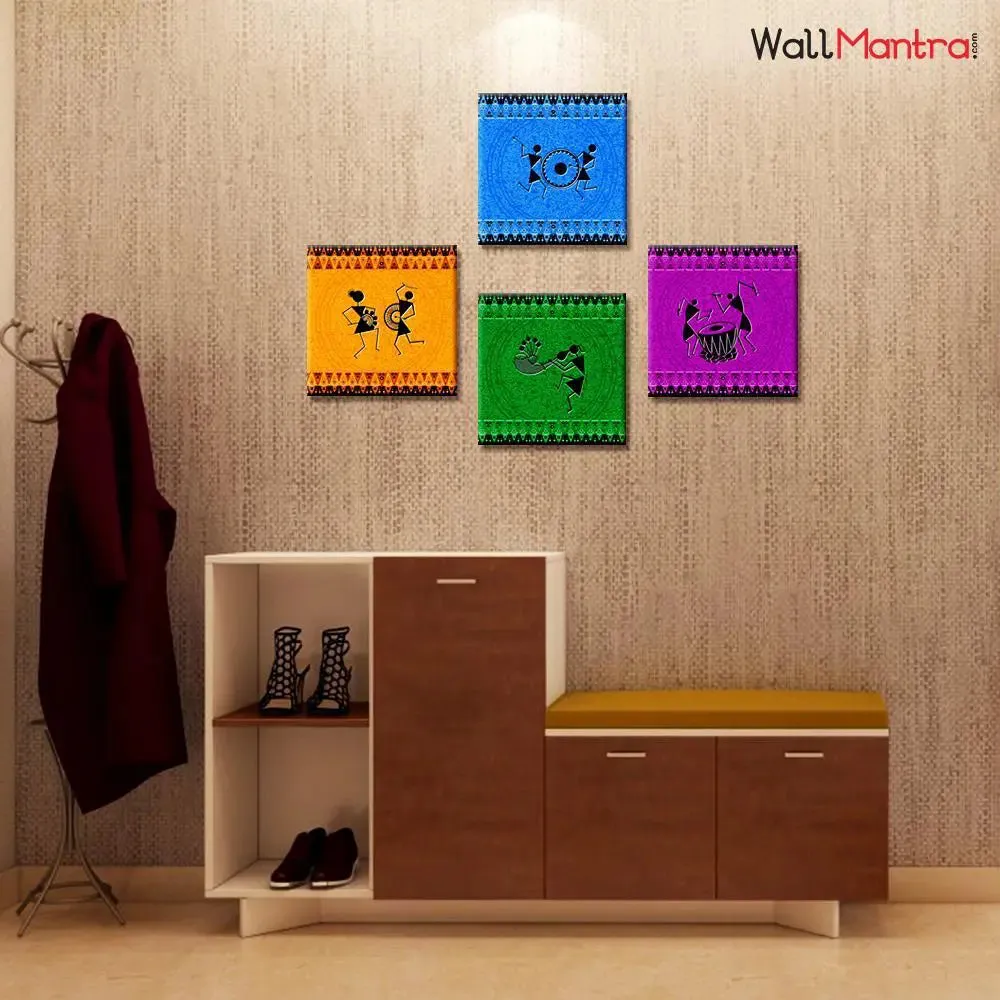 Traditional Warli Folk Art Painting Wall Hanging, Set of 4 Pieces