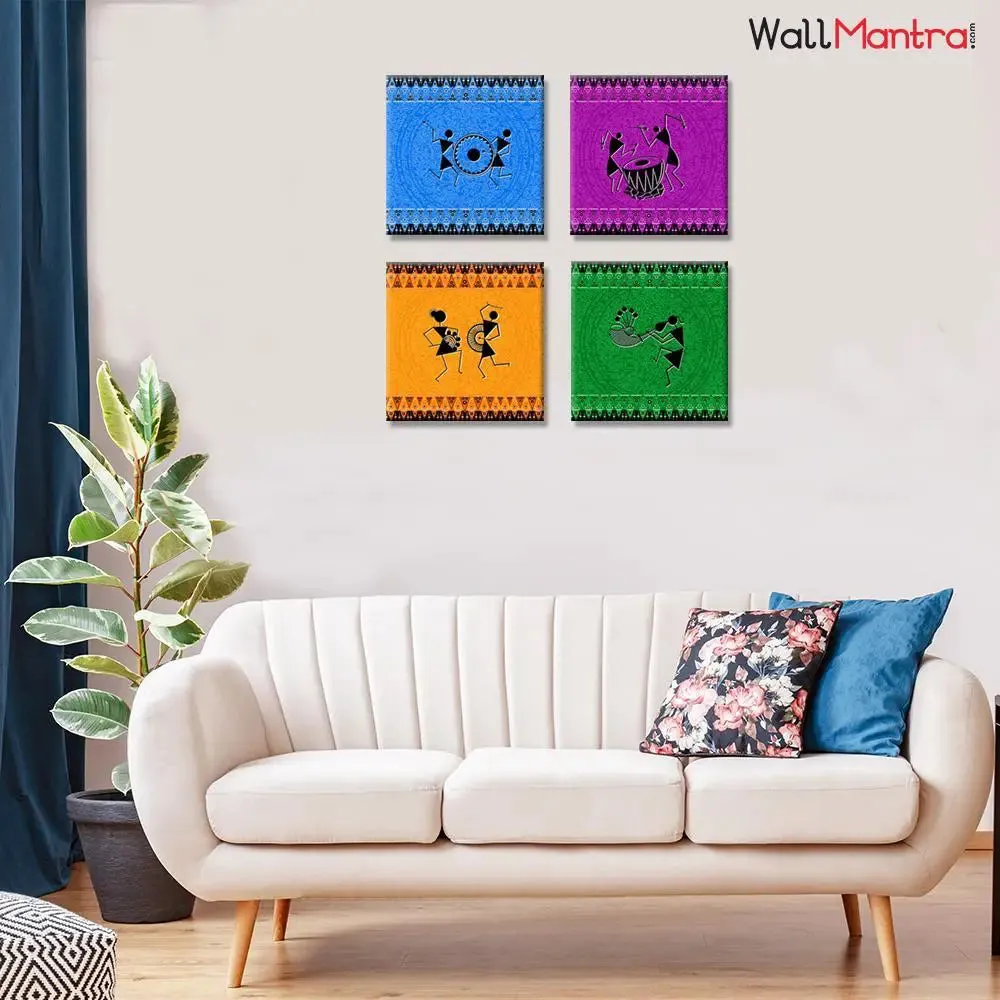 Traditional Warli Folk Art Painting Wall Hanging, Set of 4 Pieces