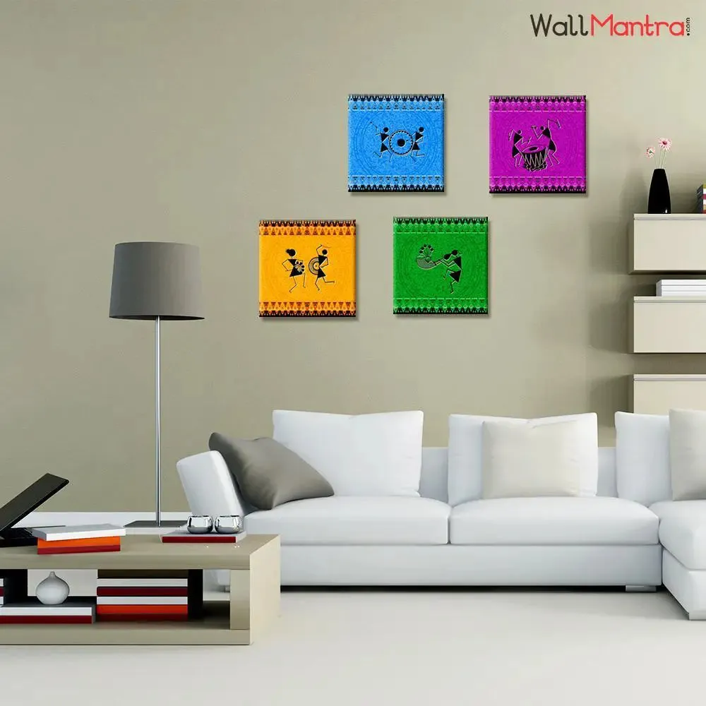Traditional Warli Folk Art Painting Wall Hanging, Set of 4 Pieces