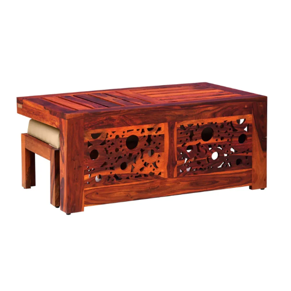 Traditionally Handcrafted Sheesham Wood Coffee Table With 2 Stools