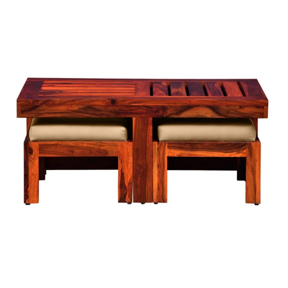 Traditionally Handcrafted Sheesham Wood Coffee Table With 2 Stools
