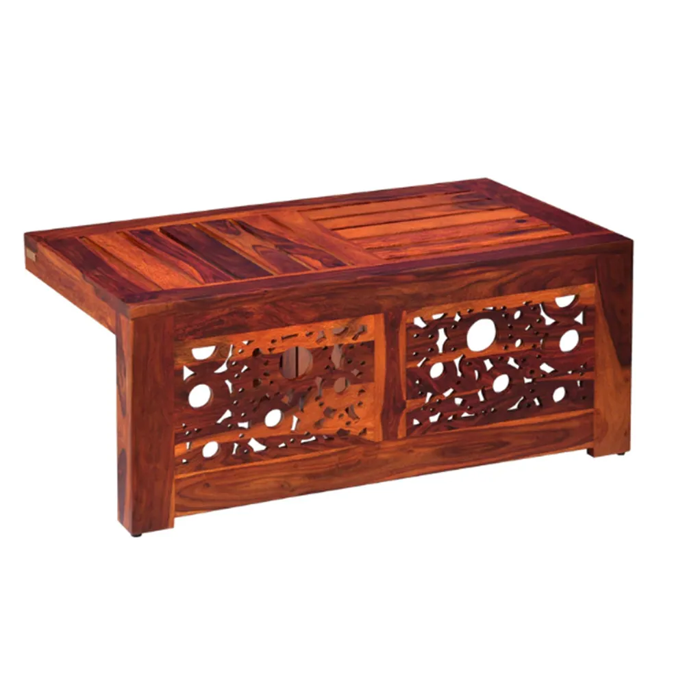 Traditionally Handcrafted Sheesham Wood Coffee Table With 2 Stools