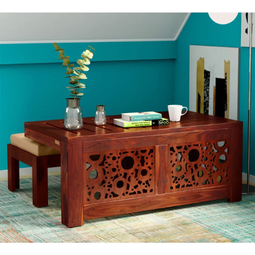 Traditionally Handcrafted Sheesham Wood Coffee Table With 2 Stools