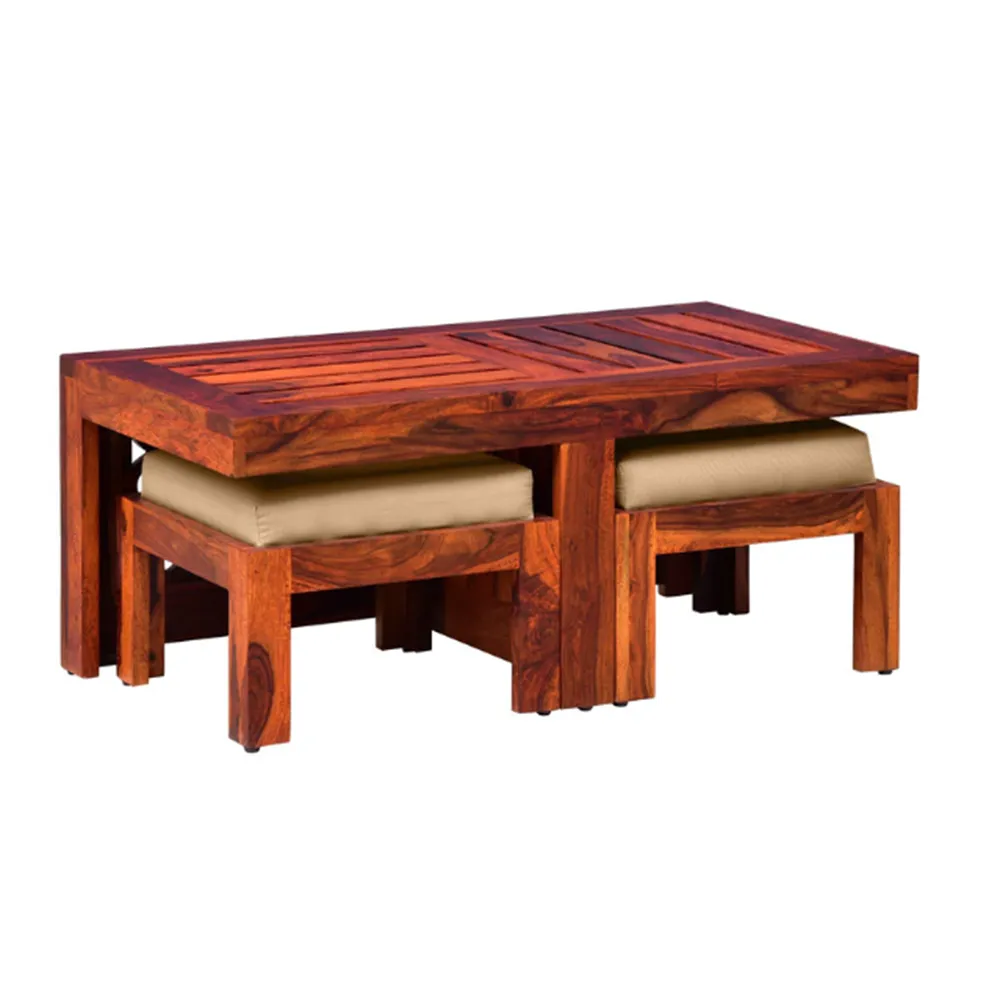 Traditionally Handcrafted Sheesham Wood Coffee Table With 2 Stools