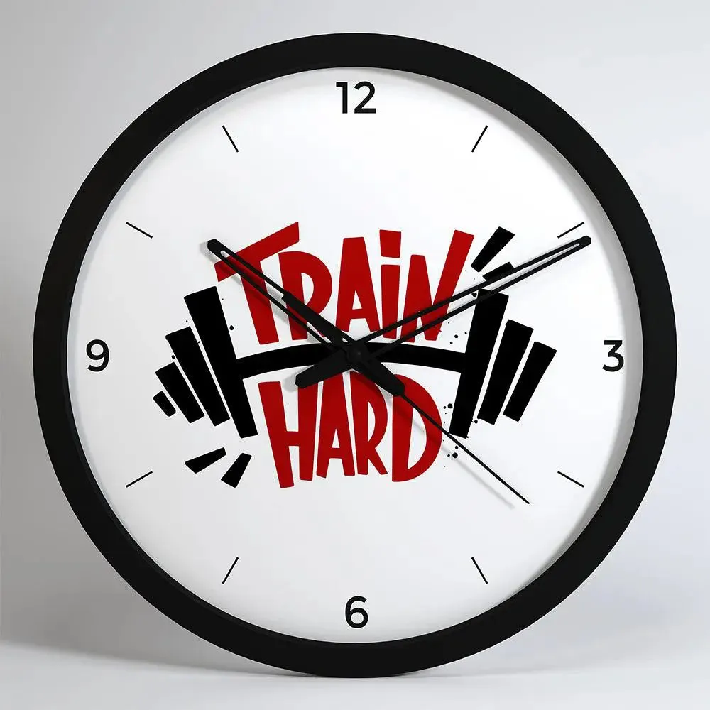 Train Hard Designer Wall Clock for Gym - Black Frame