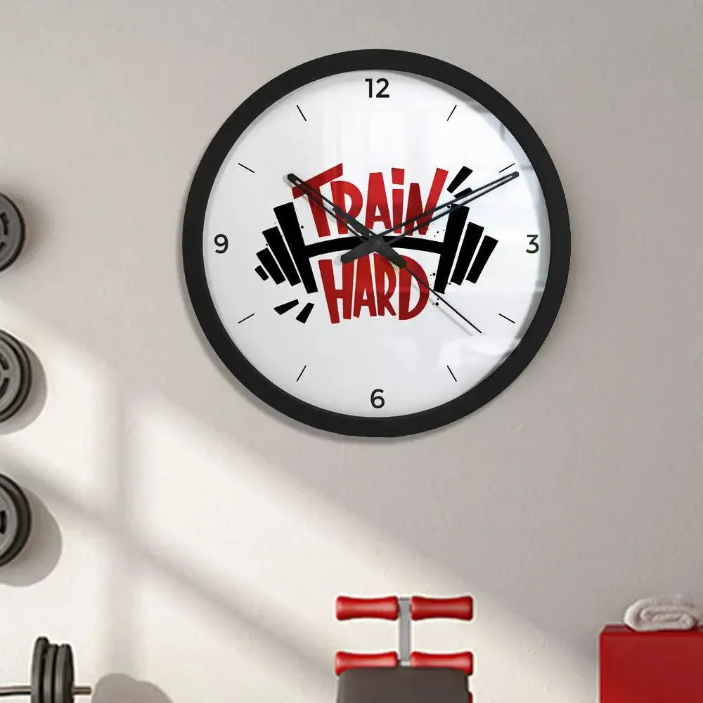 Train Hard Designer Wall Clock for Gym - Black Frame