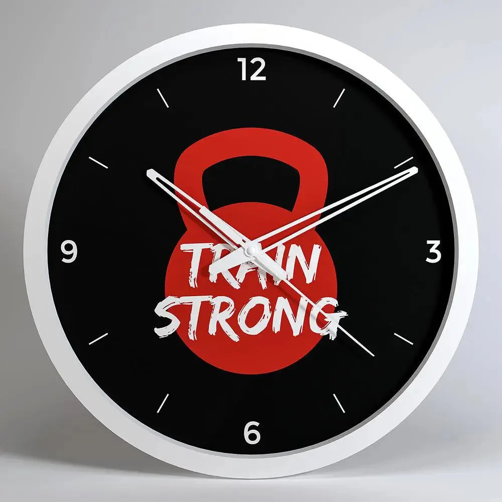 Train Strong' Quirky & Motivational Gym Wall Clock- Black Frame