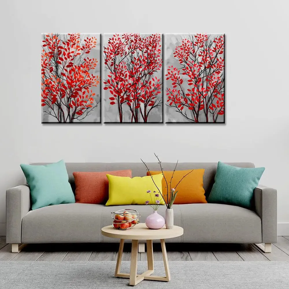 Tree Branch with Red Leaf 3 Pieces Modern Art Canvas Printed Painting MDF Panels