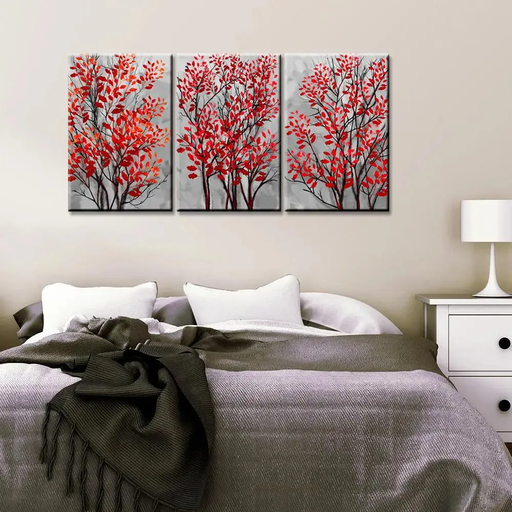 Tree Branch with Red Leaf 3 Pieces Modern Art Canvas Printed Painting MDF Panels