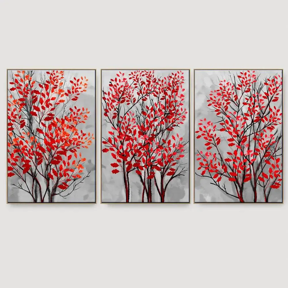 Tree Branch with Red Leaf 3 Pieces Modern Art Canvas Printed Painting MDF Panels