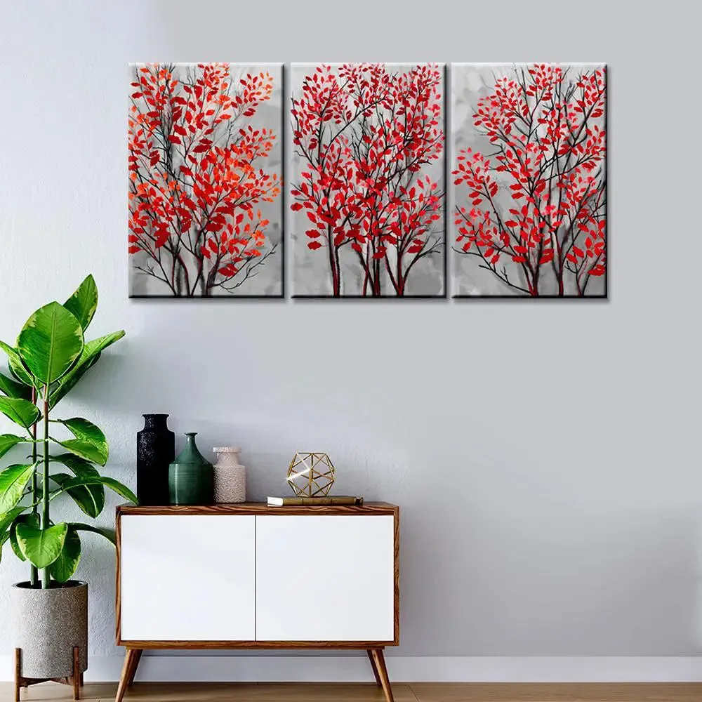 Tree Branch with Red Leaf 3 Pieces Modern Art Canvas Printed Painting MDF Panels