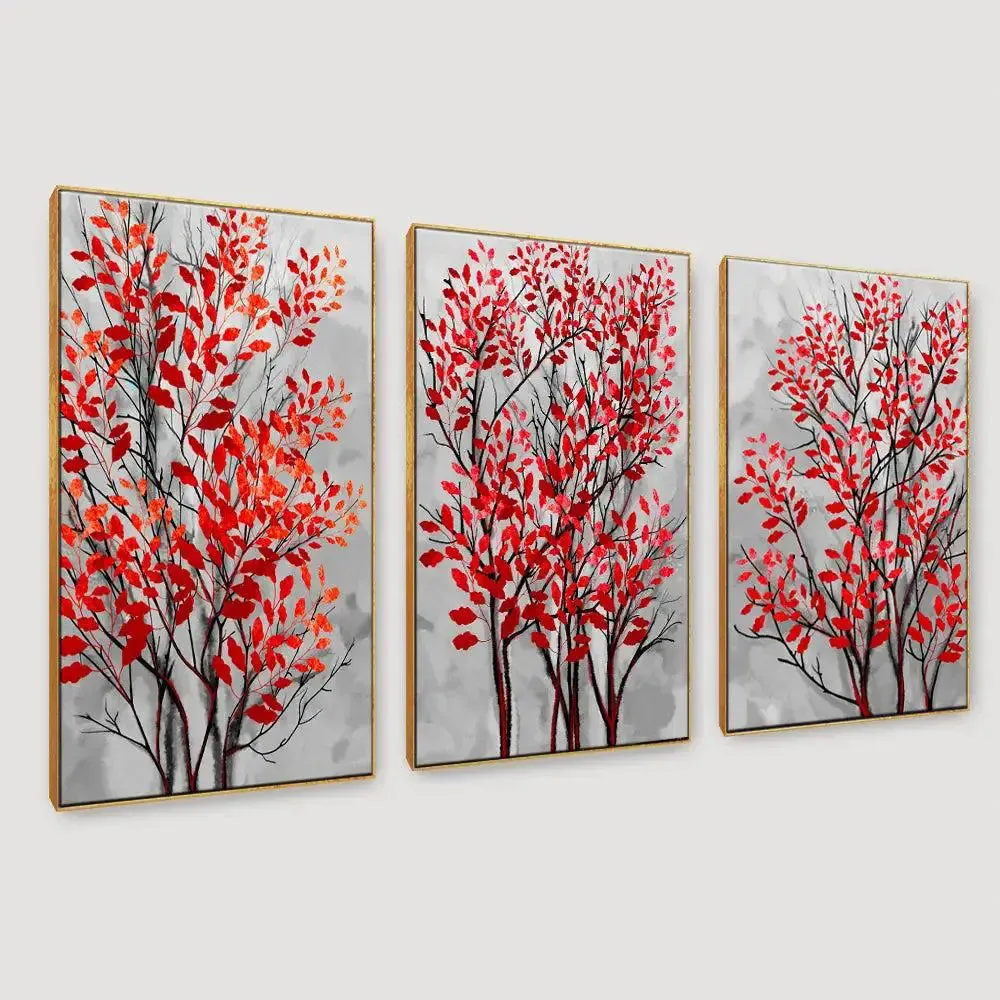 Tree Branch with Red Leaf 3 Pieces Modern Art Canvas Printed Painting MDF Panels