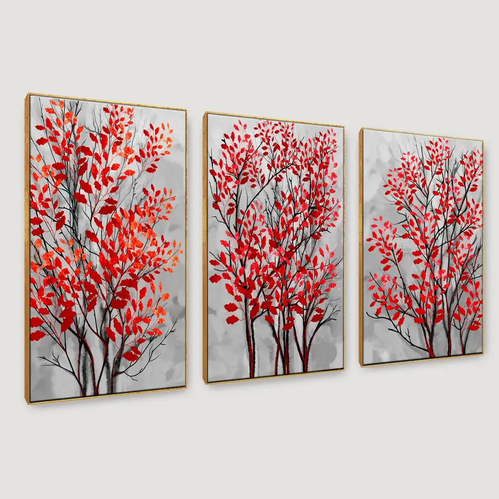 Tree Branch with Red Leaf 3 Pieces Modern Art Canvas Printed Painting MDF Panels