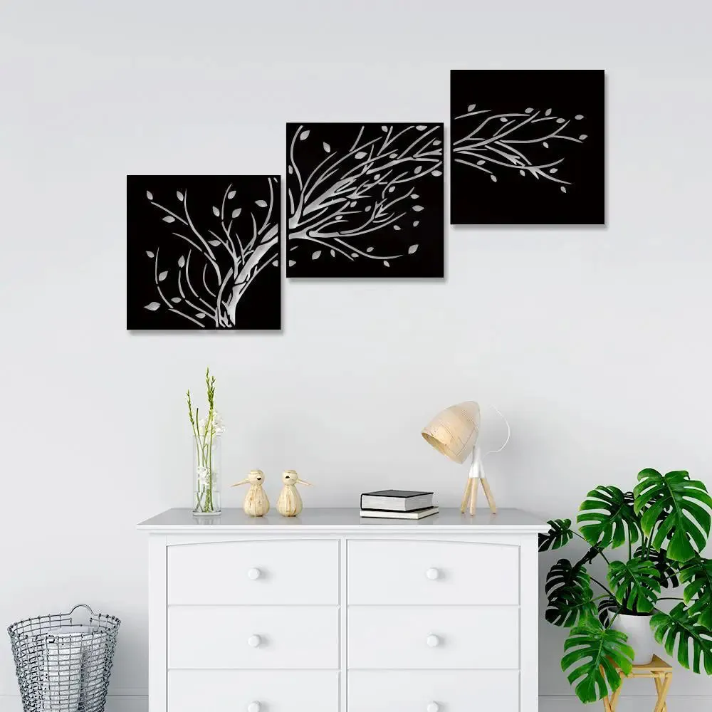 Tree Design in 3 Panels Black Color Wooden Wall Hanging Medium(11 inch X 23 inch)