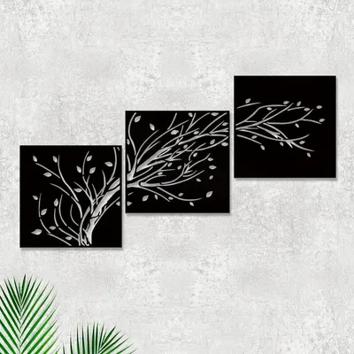 Tree Design in 3 Panels Black Color Wooden Wall Hanging
