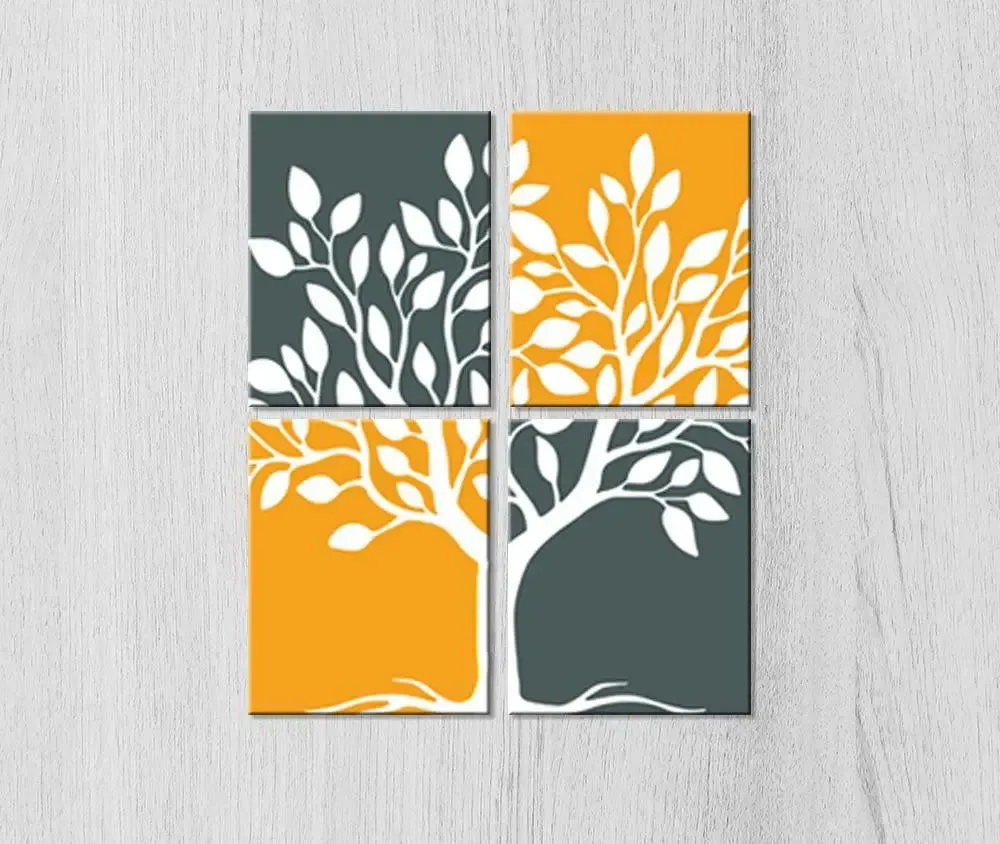 Tree Wall Painting  / 4 Pieces Canvas Print/Stretched and Framed on Wood / 21" W x 25" H