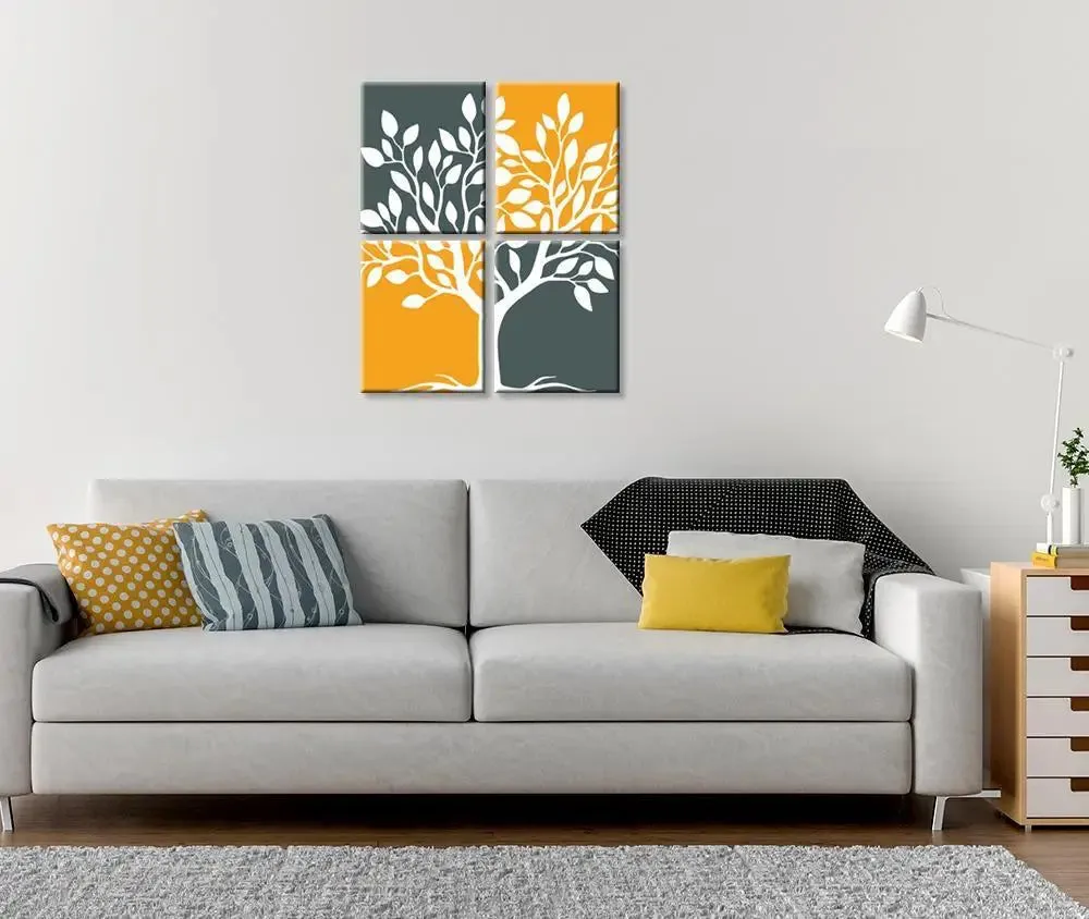 Tree Wall Painting  / 4 Pieces Canvas Print/Stretched and Framed on Wood / 21" W x 25" H