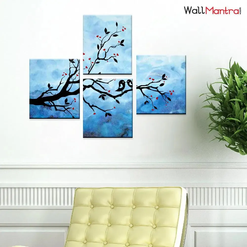 Tree Wall Painting With Romantic Bird Couple in Night Canvas Wall Art