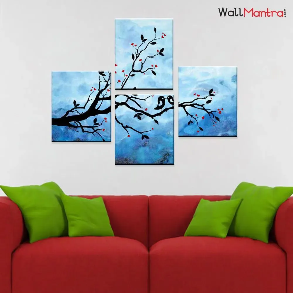 Tree Wall Painting With Romantic Bird Couple in Night Canvas Wall Art