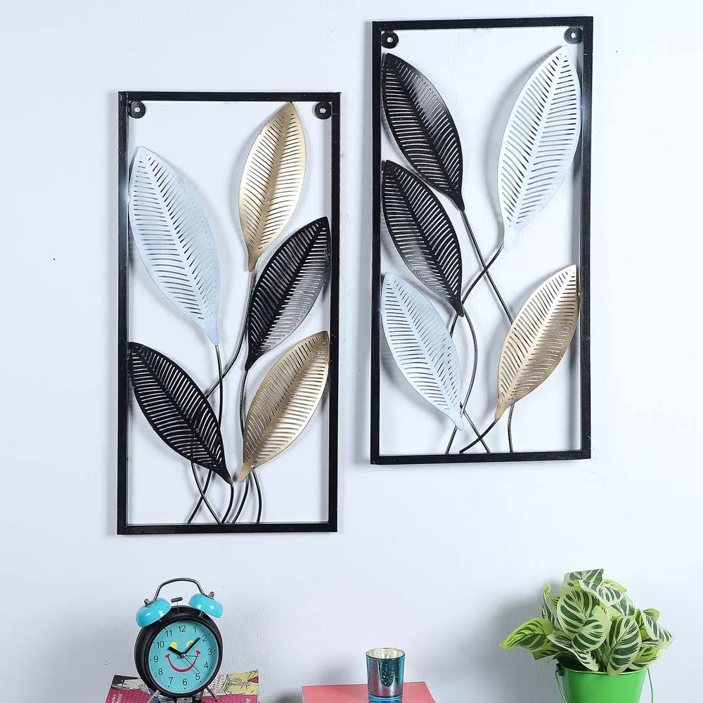 Tri colour Veins Crafted Leaves Decorative Metal Wall Art Set Of 2