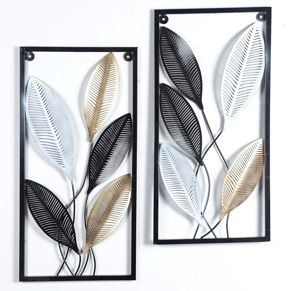 Tri colour Veins Crafted Leaves Decorative Metal Wall Art Set Of 2