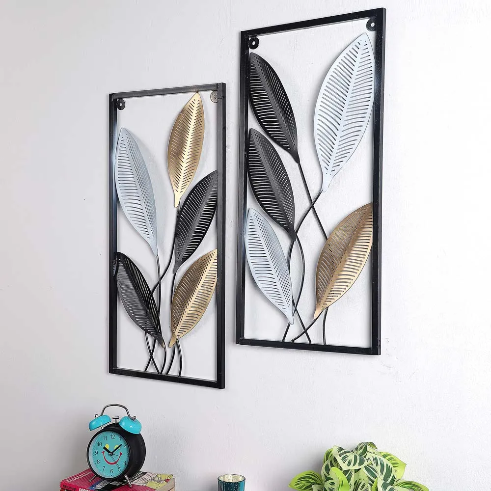 Tri colour Veins Crafted Leaves Decorative Metal Wall Art Set Of 2