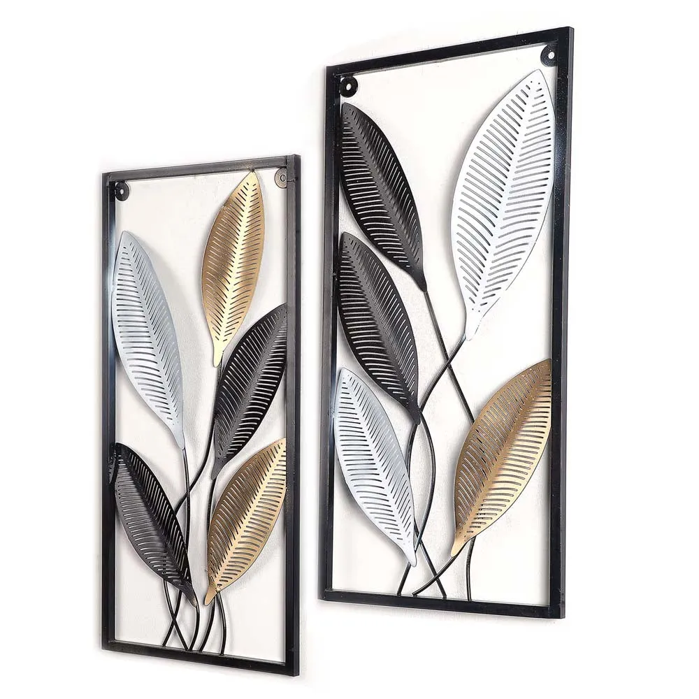 Tri colour Veins Crafted Leaves Decorative Metal Wall Art Set Of 2