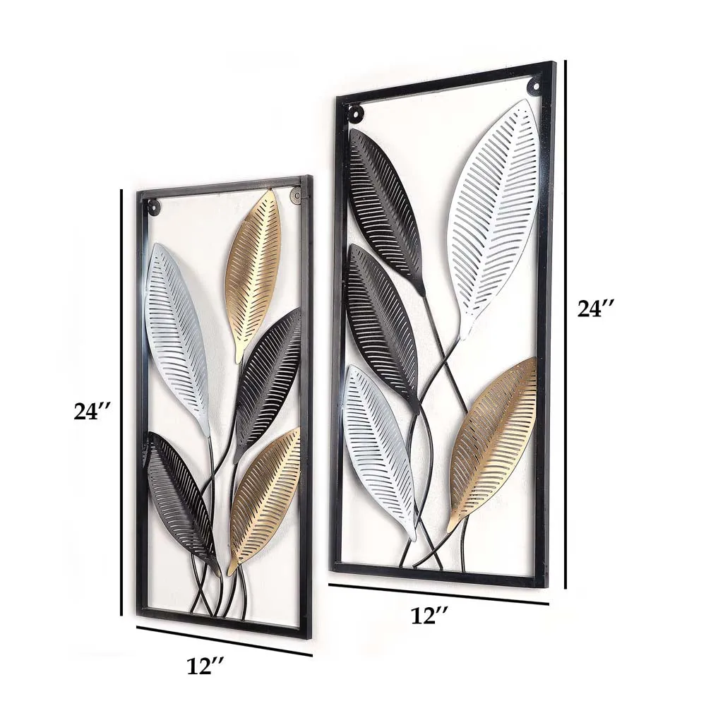 Tri colour Veins Crafted Leaves Decorative Metal Wall Art Set Of 2