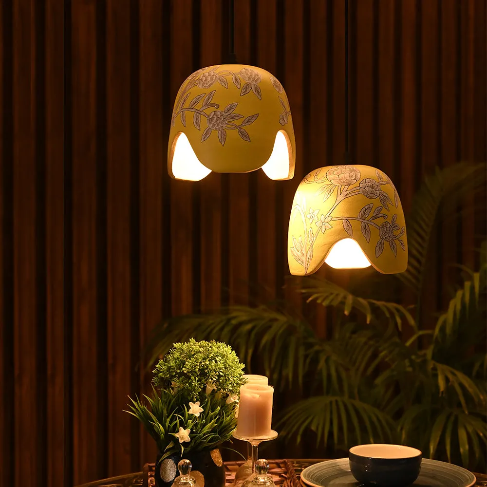 Tri-cut Yellow Terracotta Cluster Handpainted Hanging Lamp Set Of 2