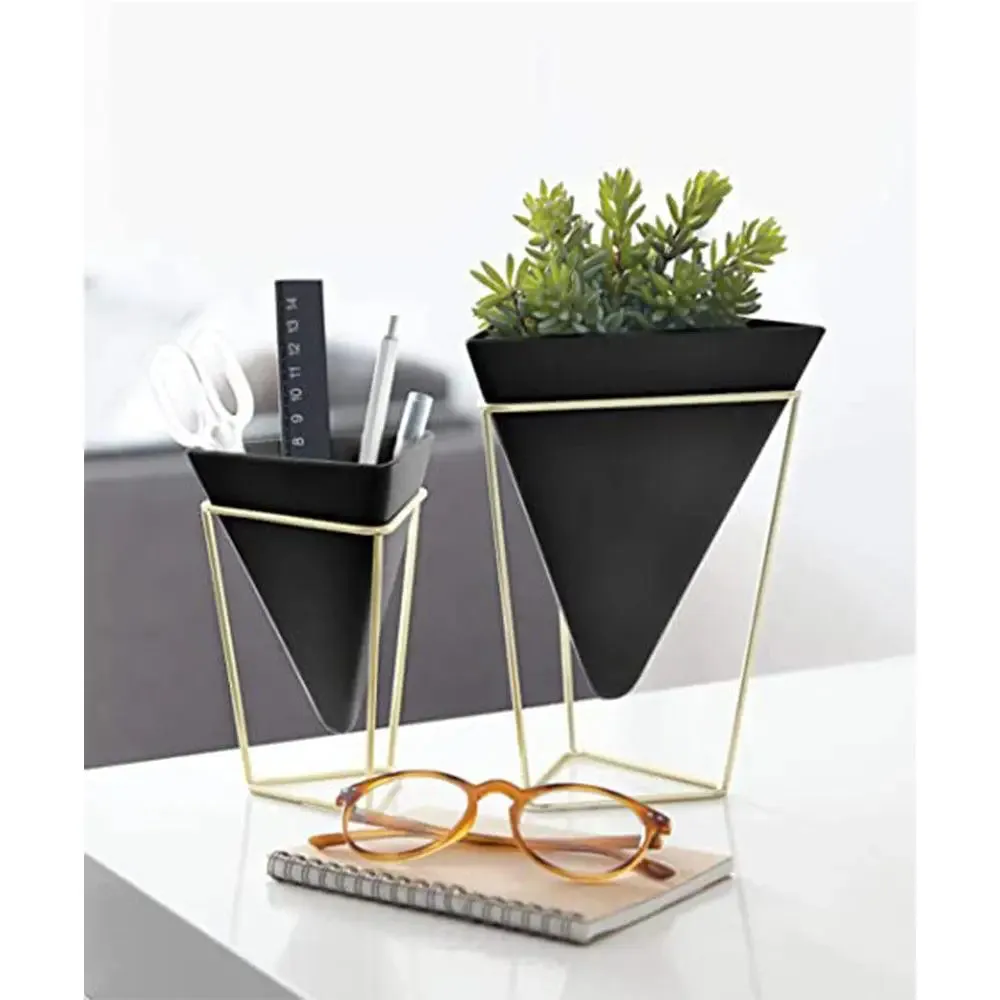 Triangular Black Planter Pots with Metallic Gold Stands (Set of 2)