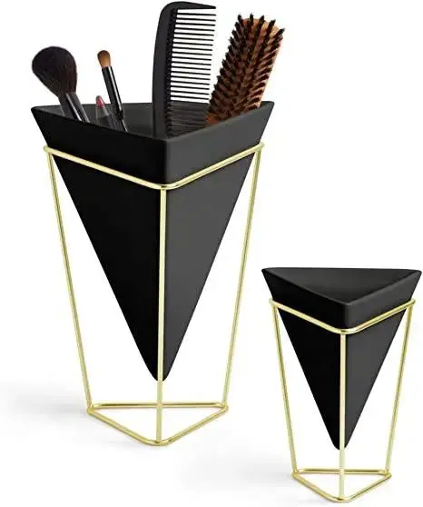 Triangular Black Planter Pots with Metallic Gold Stands (Set of 2)