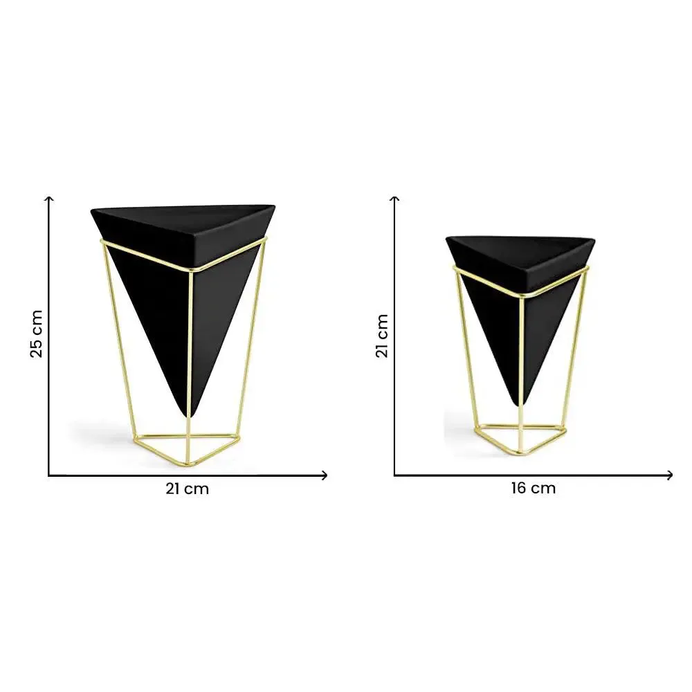 Triangular Black Planter Pots with Metallic Gold Stands (Set of 2)