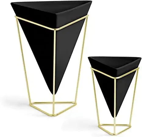 Triangular Black Planter Pots with Metallic Gold Stands (Set of 2)
