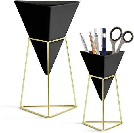 Triangular Black Planter Pots with Metallic Gold Stands (Set of 2)