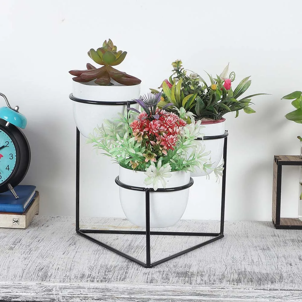 Triangular Black & White Metal Planter Stand