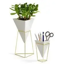 Triangular White Planter Pots with Metallic Gold Stands (Set of 2)