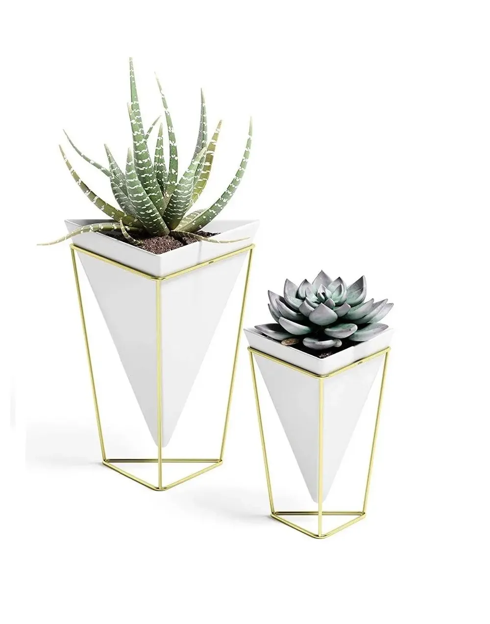 Triangular White Planter Pots with Metallic Gold Stands (Set of 2)