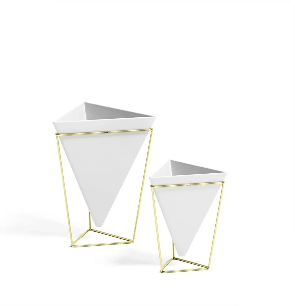 Triangular White Planter Pots with Metallic Gold Stands (Set of 2)