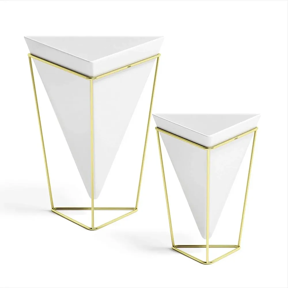 Triangular White Planter Pots with Metallic Gold Stands (Set of 2)