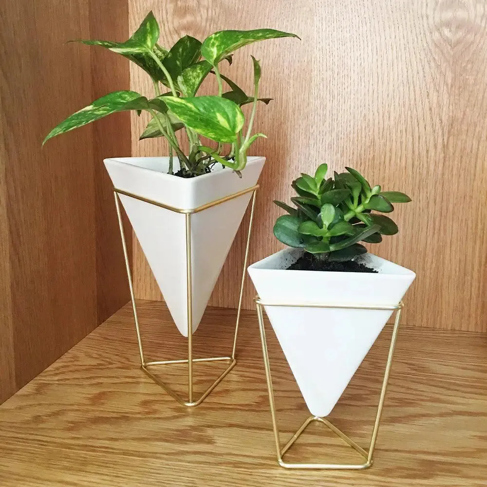 Triangular White Planter Pots with Metallic Gold Stands (Set of 2)