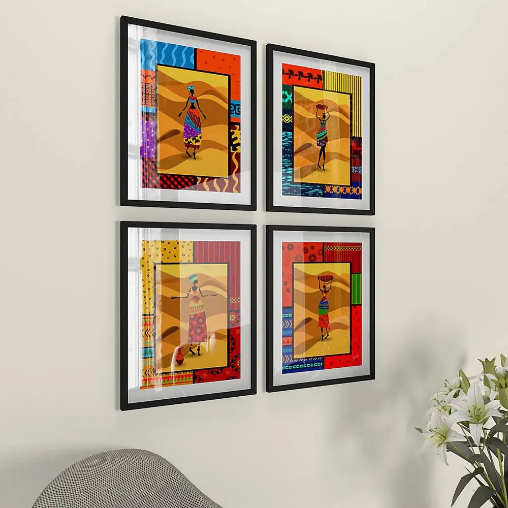 Tribal Art Set of 4 frames with Break Resistant Clear Acrylic Glass