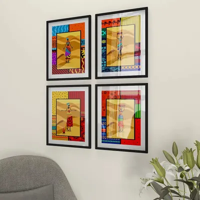 Tribal Art Set of 4 frames with Break Resistant Clear Acrylic Glass