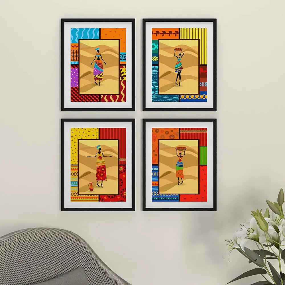 Tribal Art Set of 4 frames with Break Resistant Clear Acrylic Glass