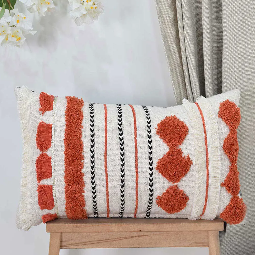 Tribal Vibes Tufted Lace Rusty Orange and Light Beige Base 100% Cotton Cushion Cover Set of 1