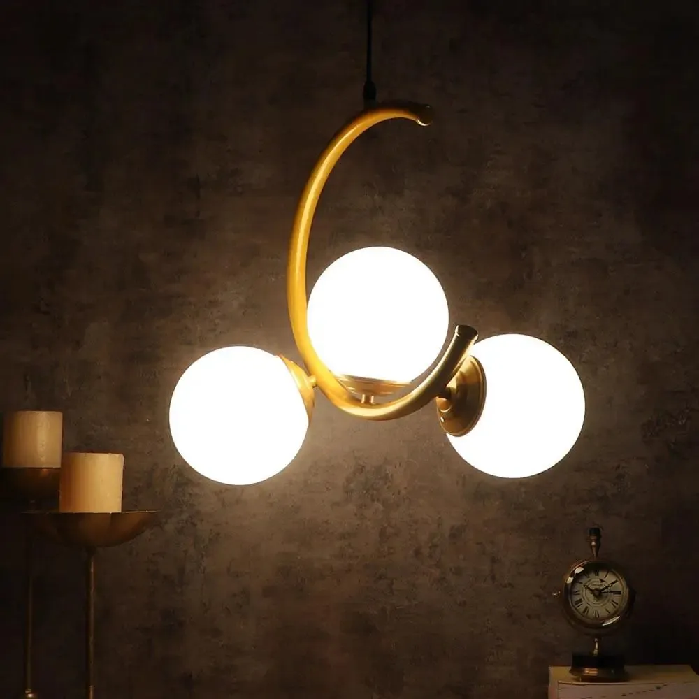 Trio Half Moon Golden Hanging Light In Doom Glass