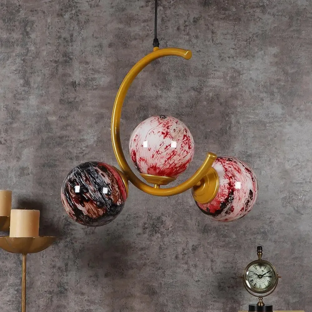 Trio Half Moon Golden Hanging Light In Red Glass
