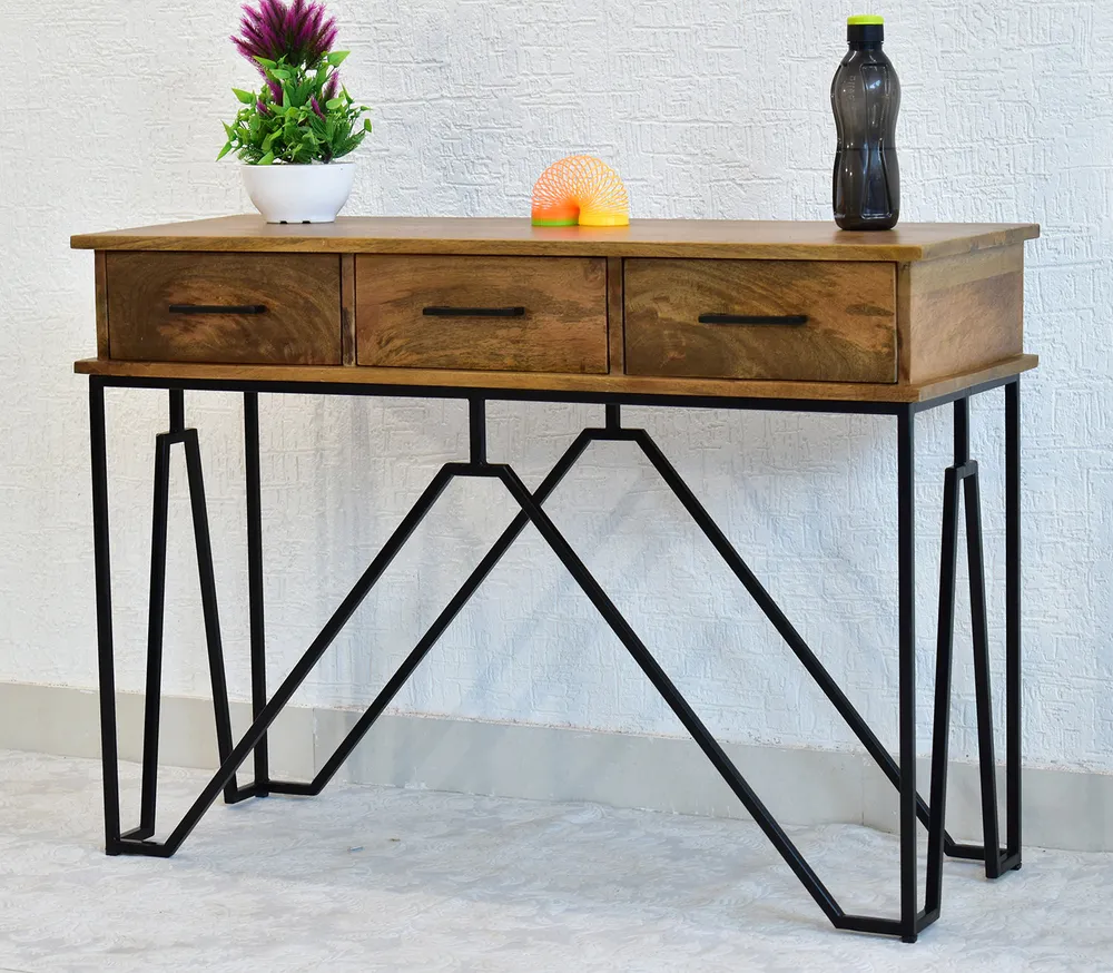 Triple Drawer Solid Wood Black &amp; White Console Table Black